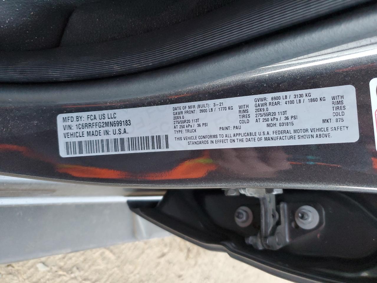 2021 RAM 1500 VIN 1C6RRFFG2MN699183 Copart auction photo, front end / side damage thumbnail 13