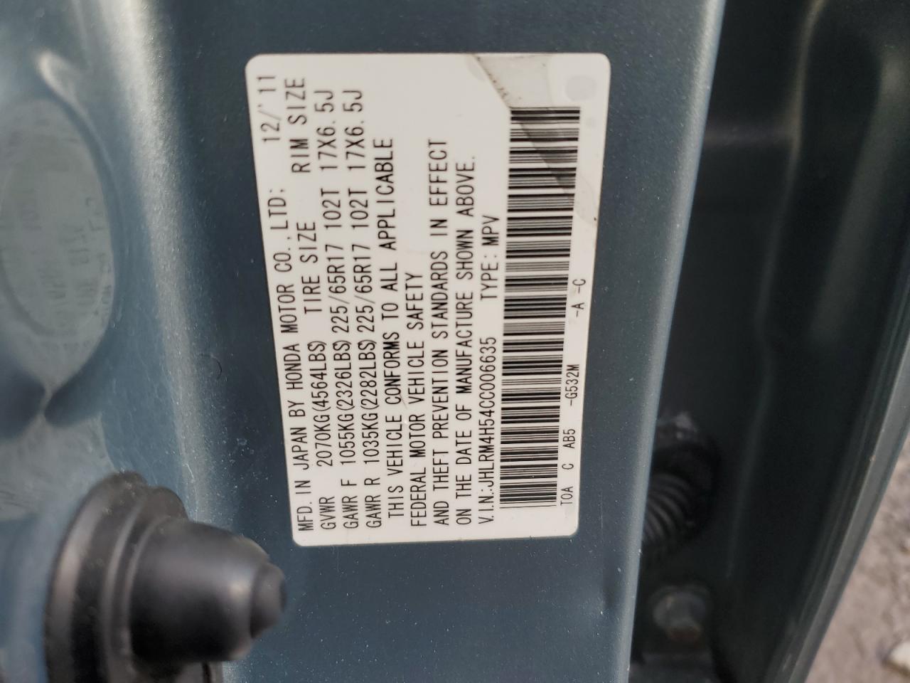2012 Honda CR-V VIN JHLRM4H54CC006635 Copart auction photo, front end / side damage thumbnail 13