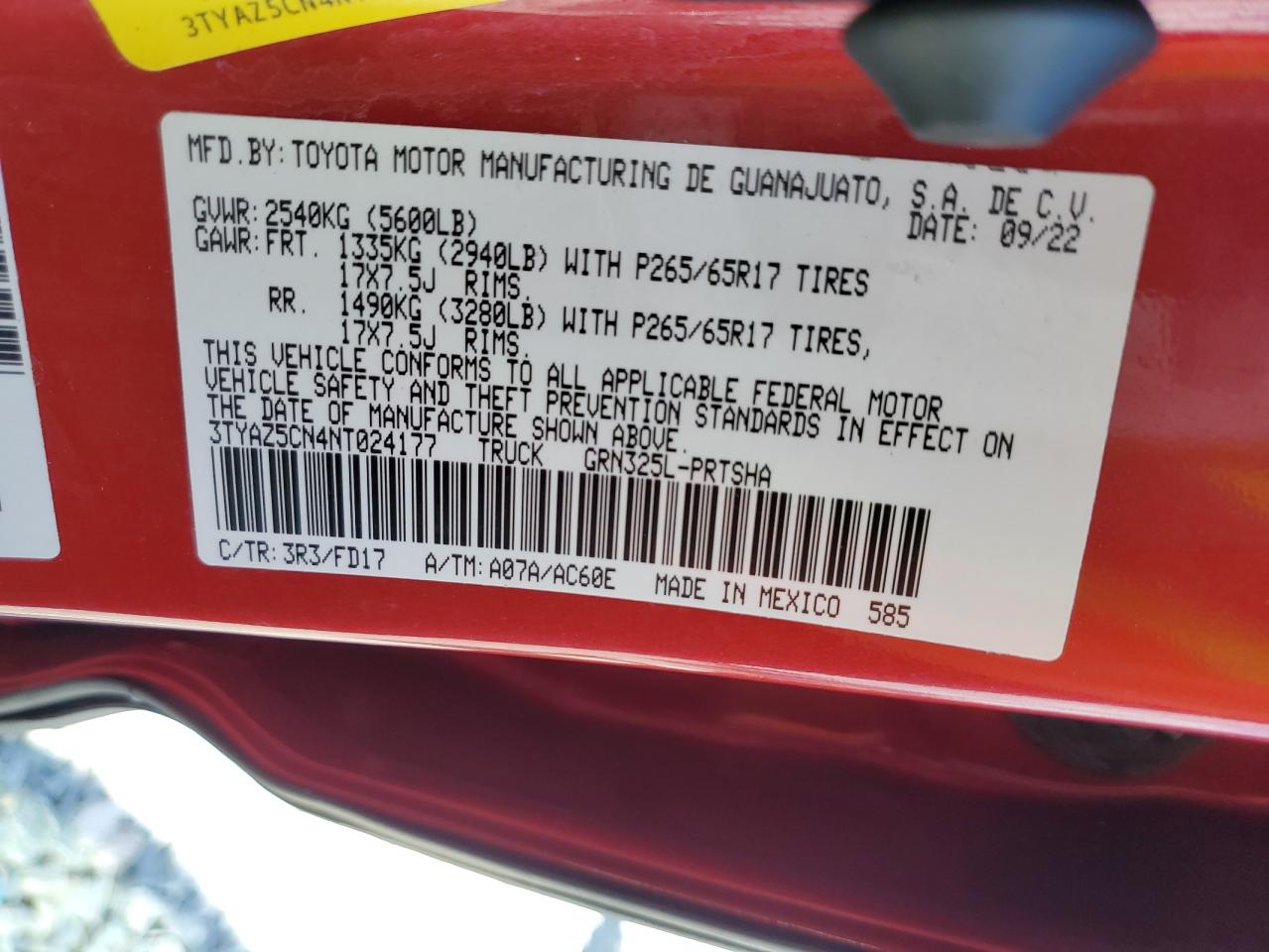 2022 Toyota Tacoma VIN 3TYAZ5CN4NT024177 Copart auction photo, water/flood / front end damage thumbnail 13