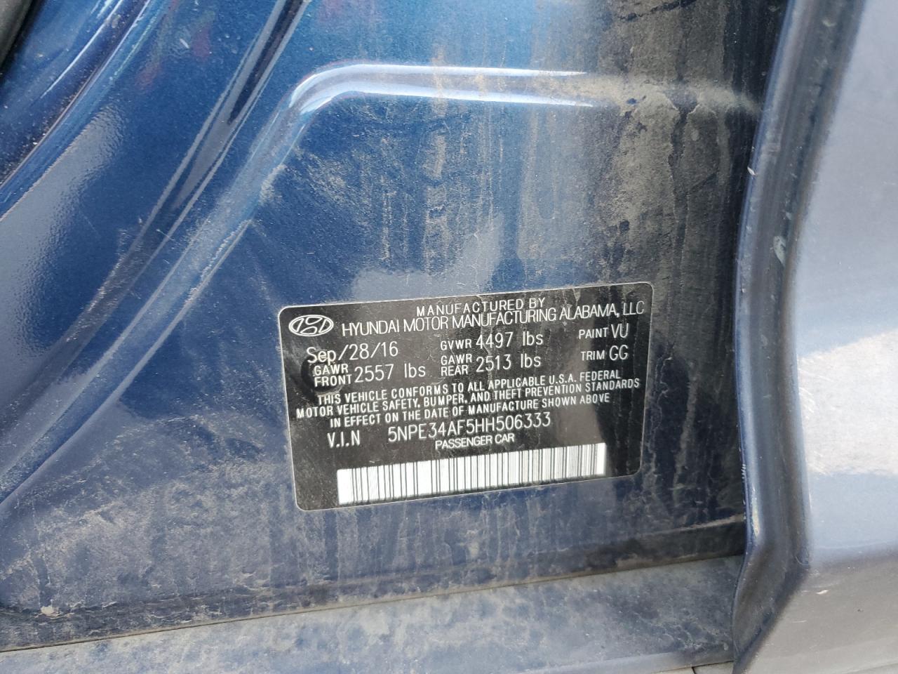 2017 Hyundai Sonata VIN 5NPE34AF5HH506333 Copart auction photo, rear end damage thumbnail 13