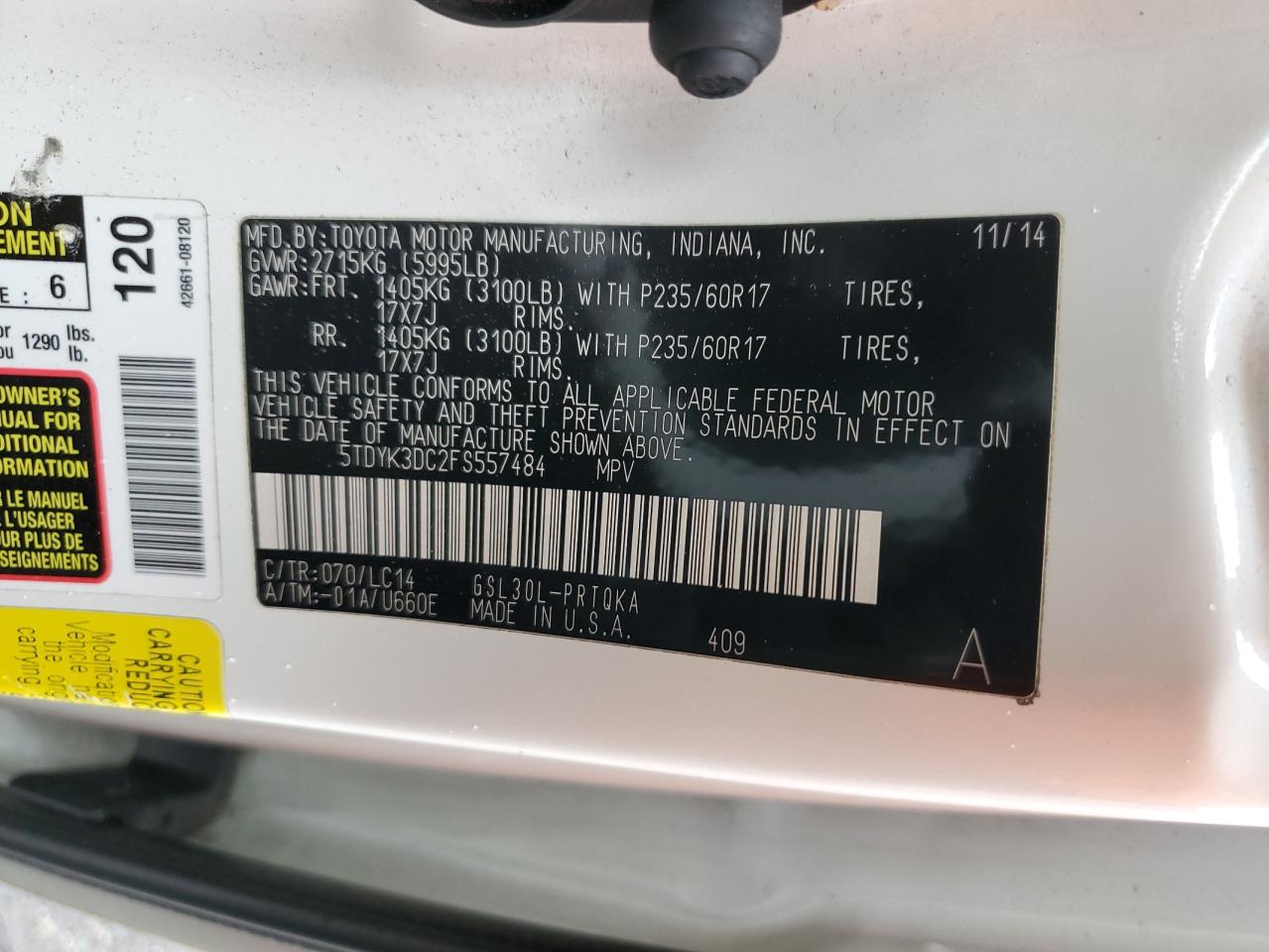 2015 Toyota Sienna VIN 5TDYK3DC2FS557484 Copart auction photo, front end damage thumbnail 13