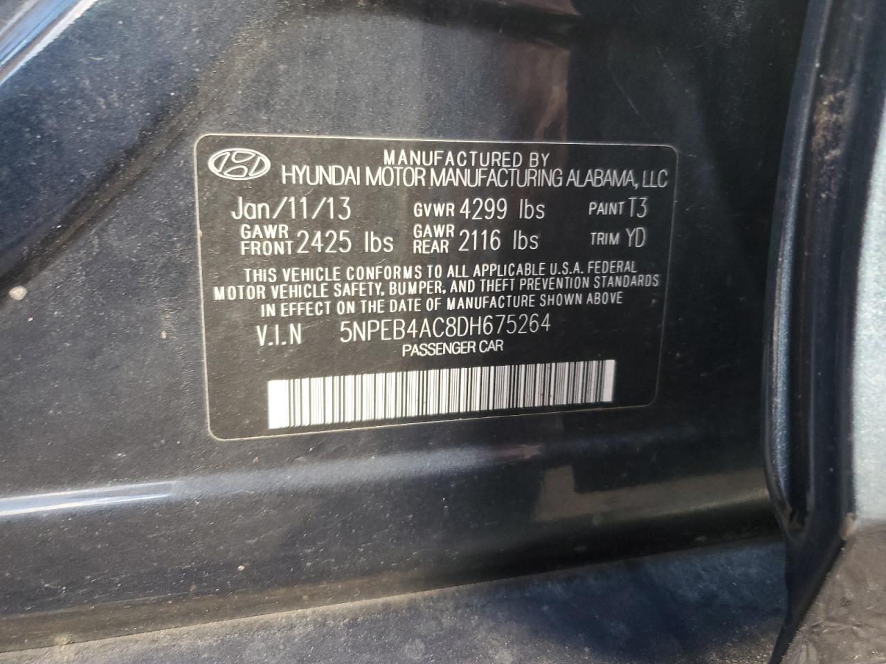 2013 Hyundai Sonata VIN 5NPEB4AC8DH675264 Copart auction photo, minor dent/scratches damage thumbnail 12