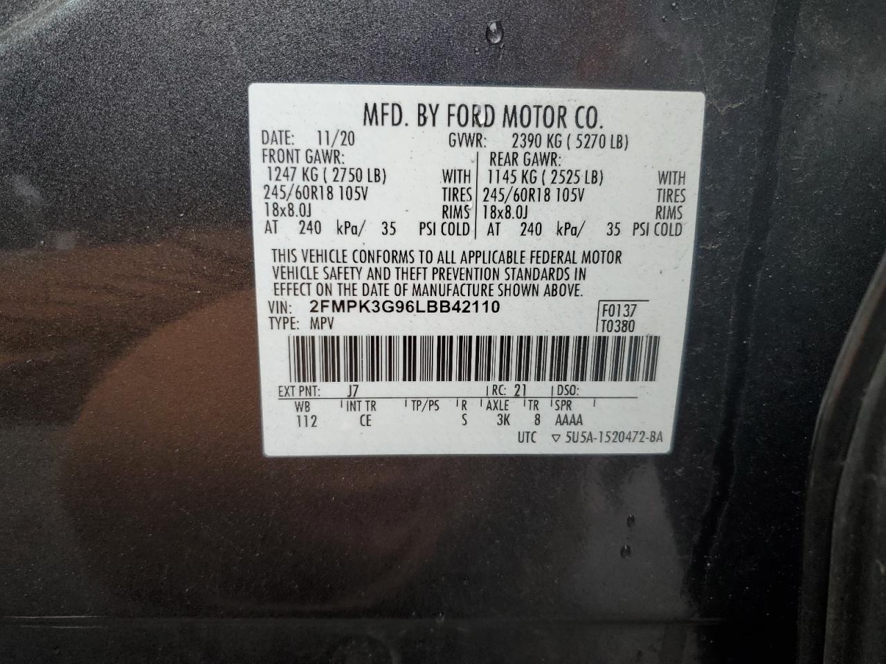 2020 Ford Edge VIN 2FMPK3G96LBB42110 Copart auction photo, front end damage thumbnail 12