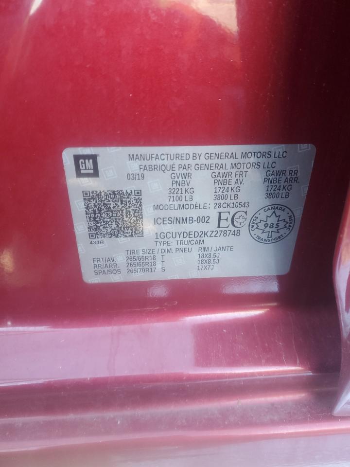 2019 Chevrolet Silverado VIN 1GCUYDED2KZ278748 Copart auction photo, rear end / minor dent/scratches damage thumbnail 14