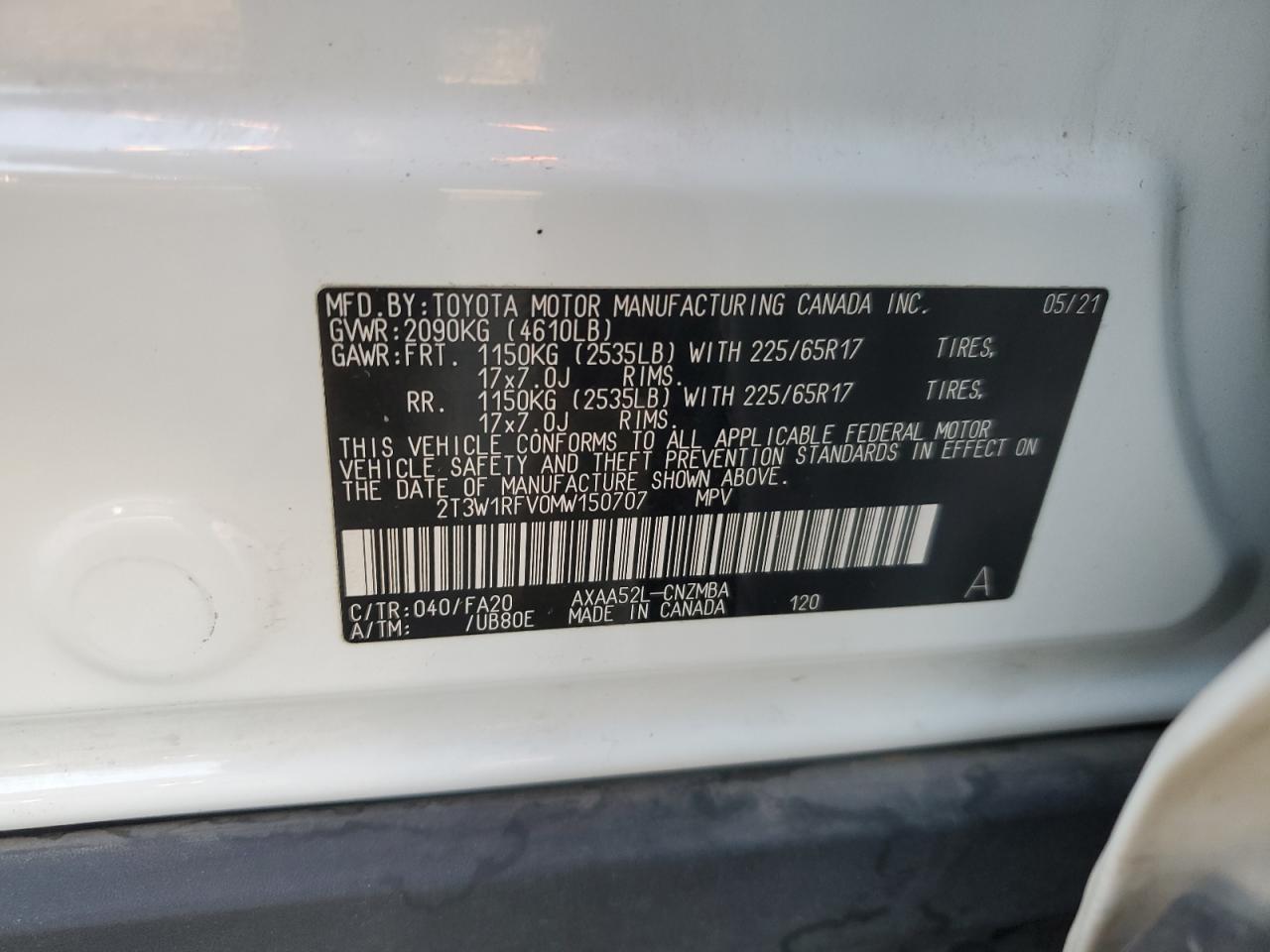 2021 Toyota RAV 4 VIN 2T3W1RFV0MW150707 Copart auction photo, front end damage thumbnail 13