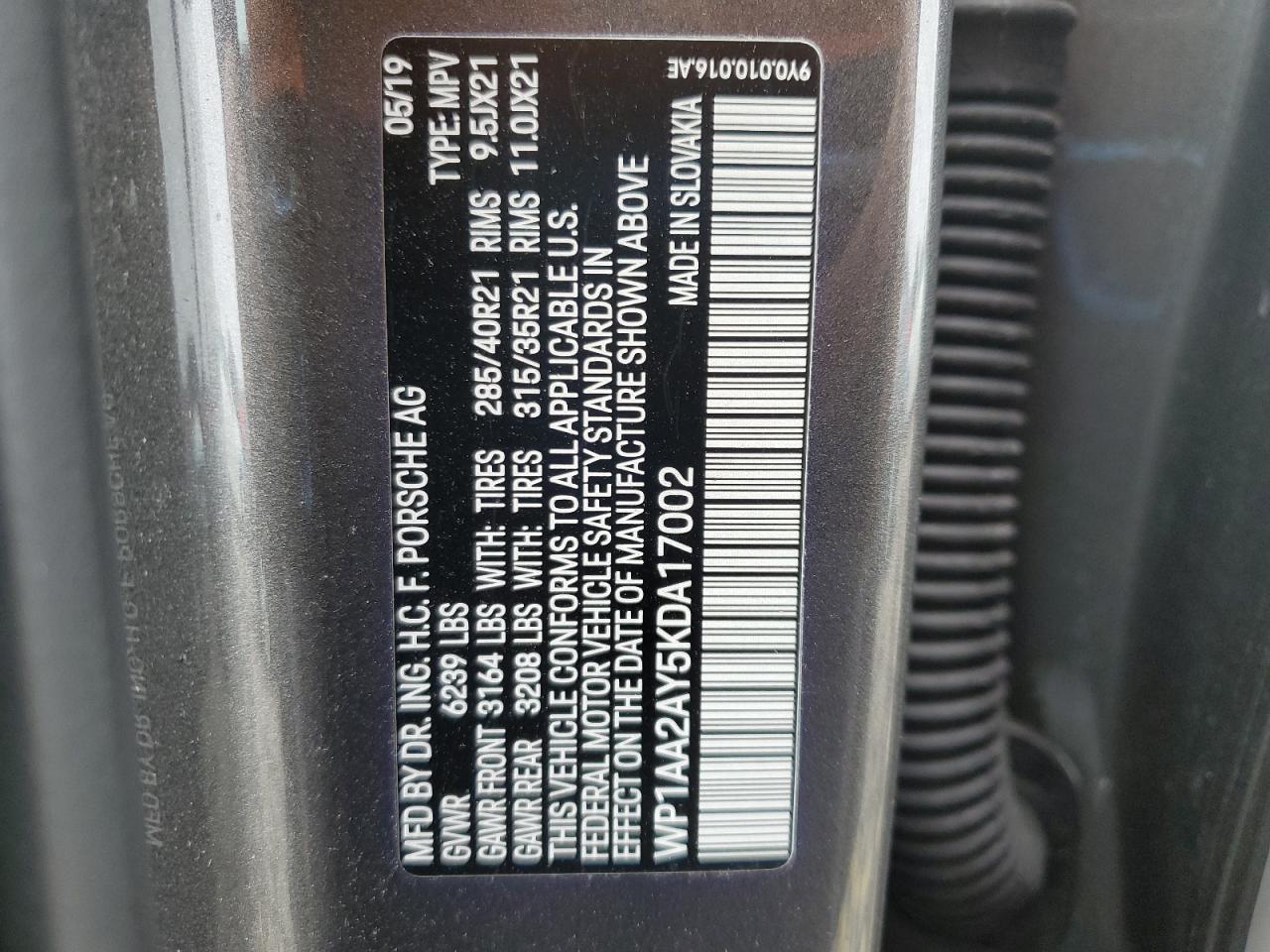 2019 Porsche Cayenne VIN WP1AA2AY5KDA17002 Copart auction photo, front end / side damage thumbnail 13