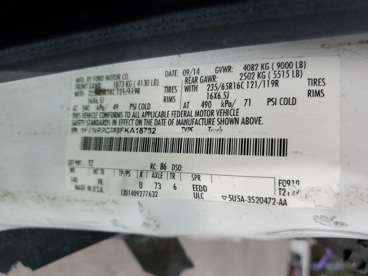 2015 Ford Transit VIN 1FTNR2CM8FKA18782 Copart auction photo, side damage thumbnail 13