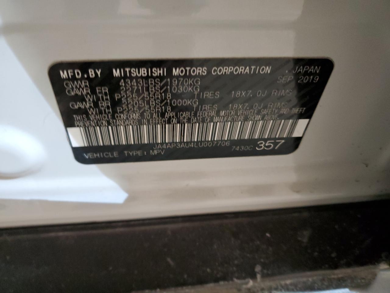 2020 Mitsubishi Outlander VIN JA4AP3AU4LU007706 Copart auction photo, front end / mechanical damage thumbnail 13