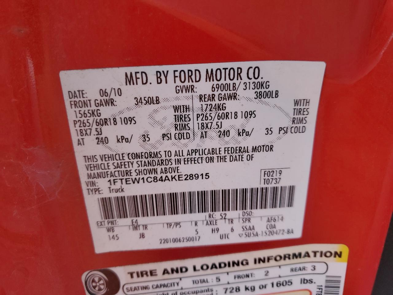 2010 Ford F-150 VIN 1FTEW1C84AKE28915 Copart auction photo, all over damage thumbnail 12