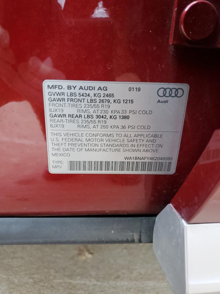 2019 Audi Q5 VIN WA1BNAFY4K2049393 Copart auction photo, front end damage thumbnail 13