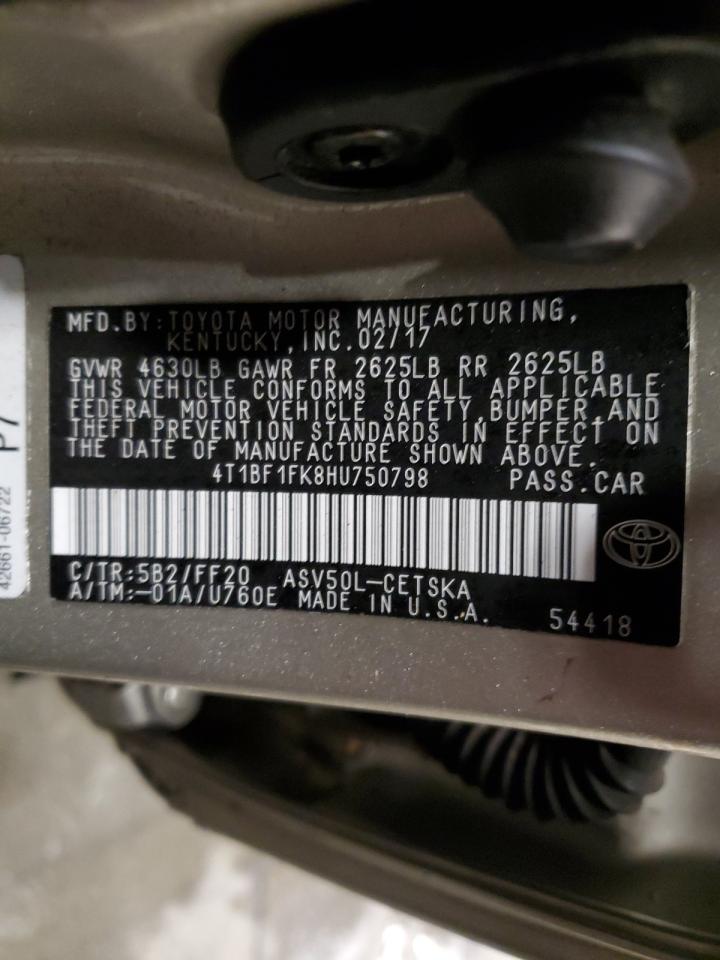 2017 Toyota Camry VIN 4T1BF1FK8HU750798 Copart auction photo, rollover damage thumbnail 12