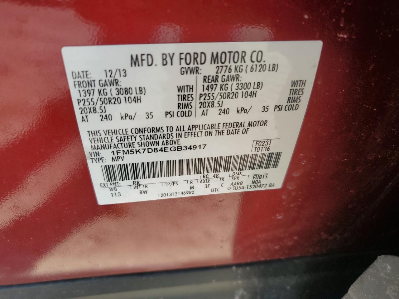 2014 Ford Explorer VIN 1FM5K7D84EGB34917 Copart auction photo, front end damage thumbnail 14