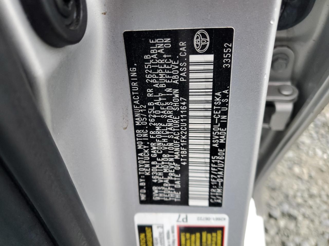 2012 Toyota Camry VIN 4T1BF1FK2CU111647 Copart auction photo, all over damage thumbnail 13