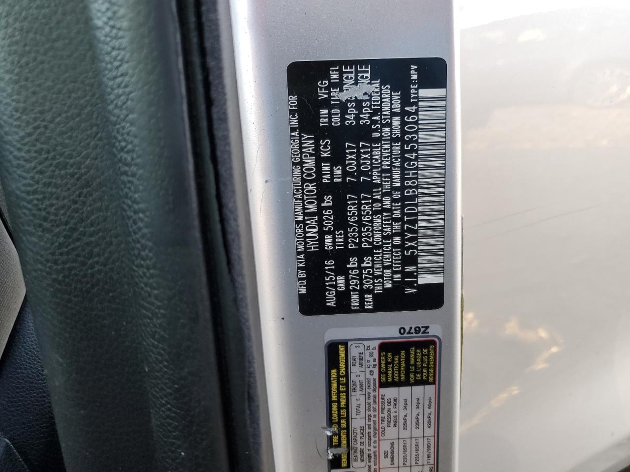2017 Hyundai Santa Fe VIN 5XYZTDLB8HG453064 Copart auction photo, rear end damage thumbnail 15