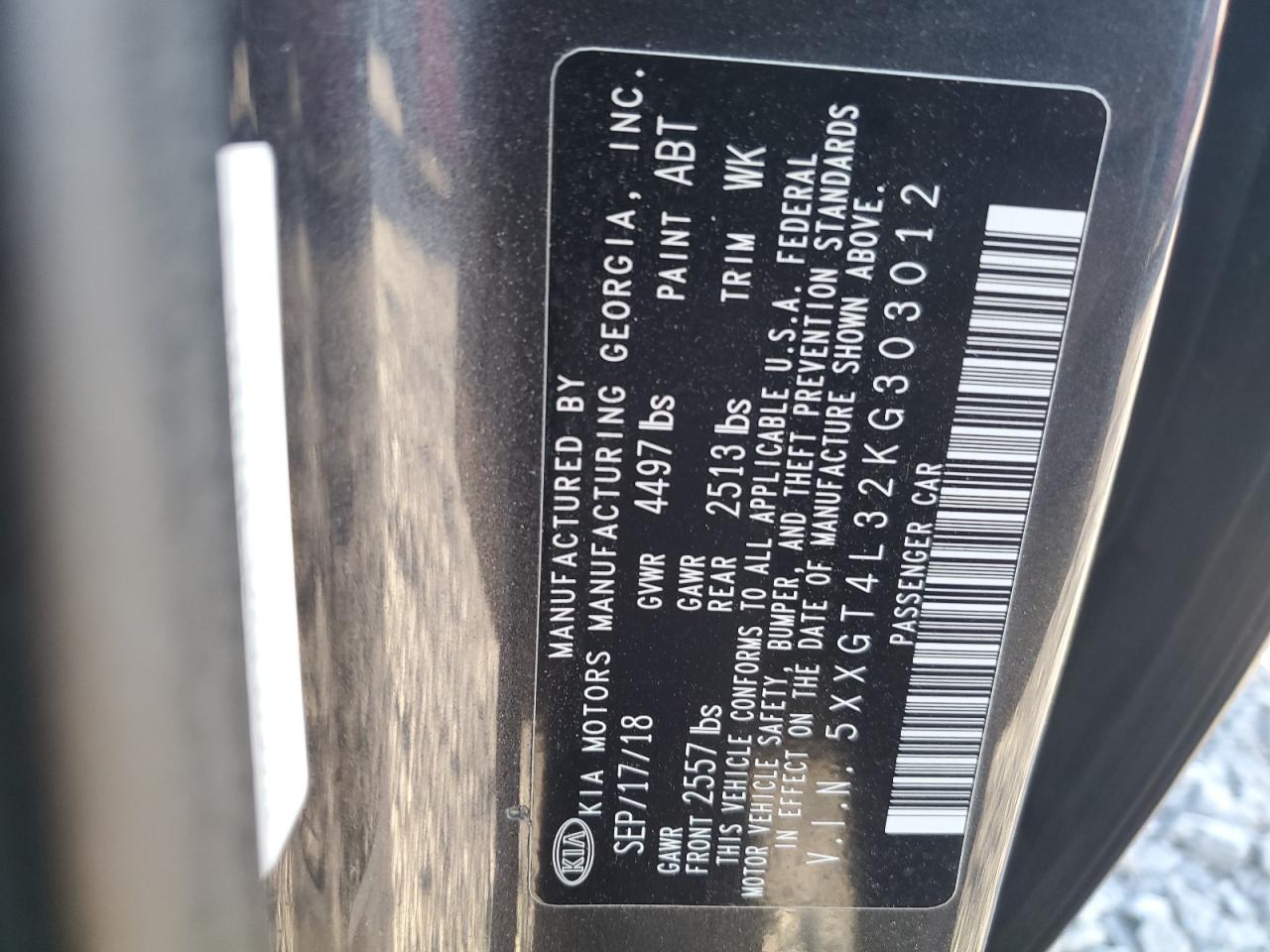 2019 KIA Optima VIN 5XXGT4L32KG303012 Copart auction photo, rear end damage thumbnail 12