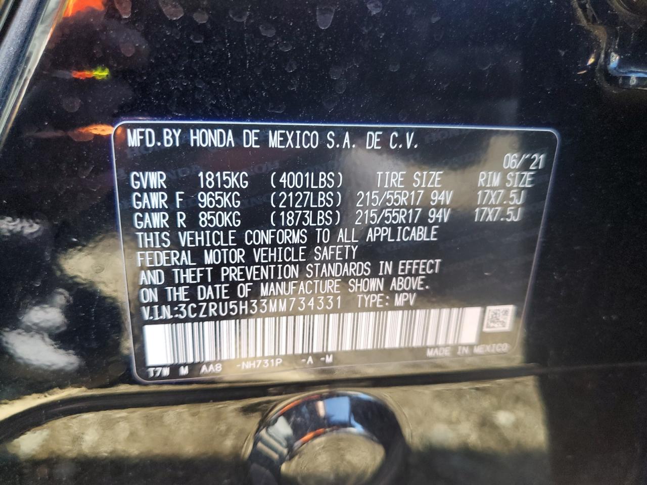 2021 Honda HR-V VIN 3CZRU5H33MM734331 Copart auction photo, front end damage thumbnail 13