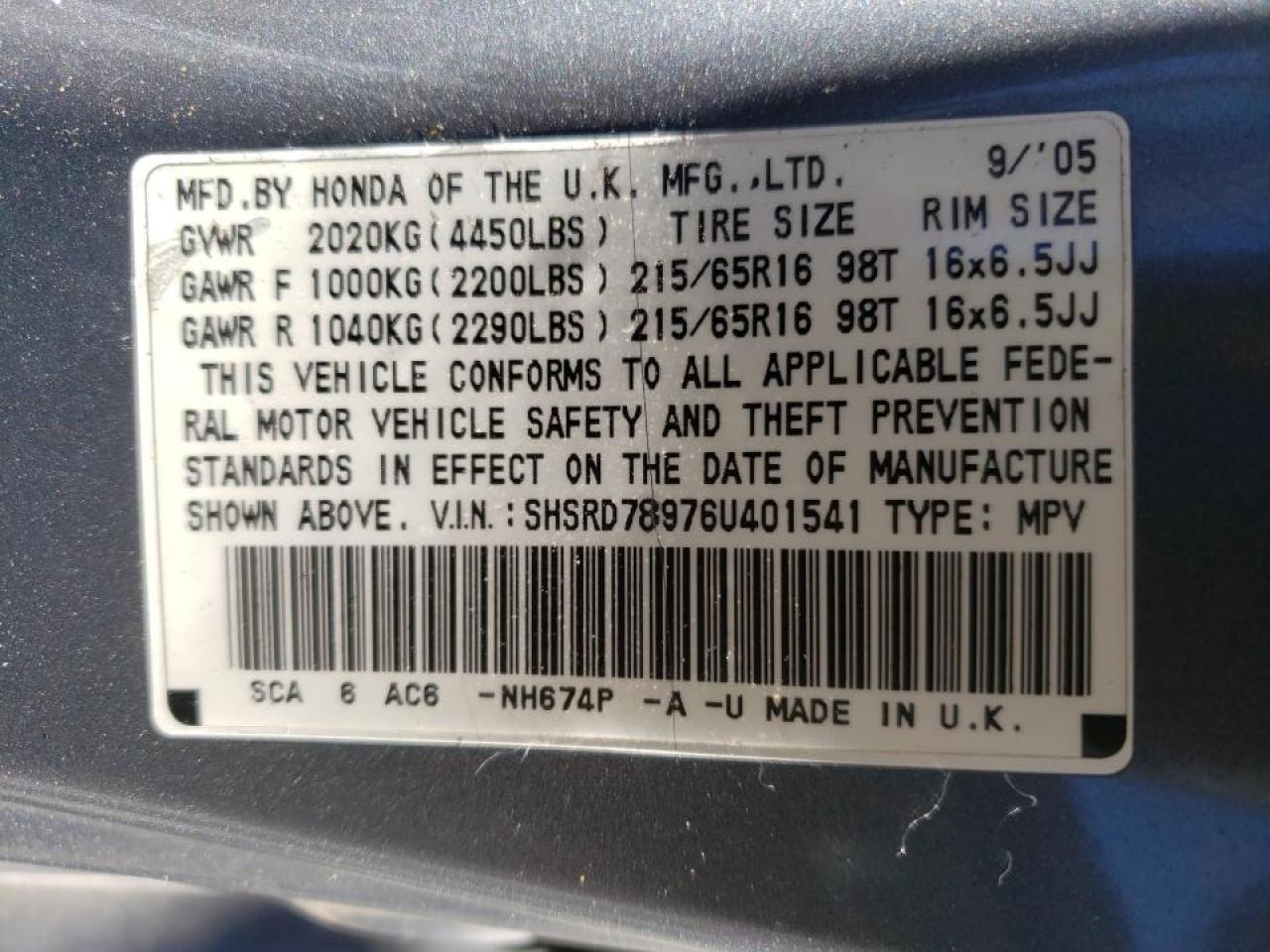 2006 Honda CR-V VIN SHSRD78976U401541 Copart auction photo, vandalism damage thumbnail 10