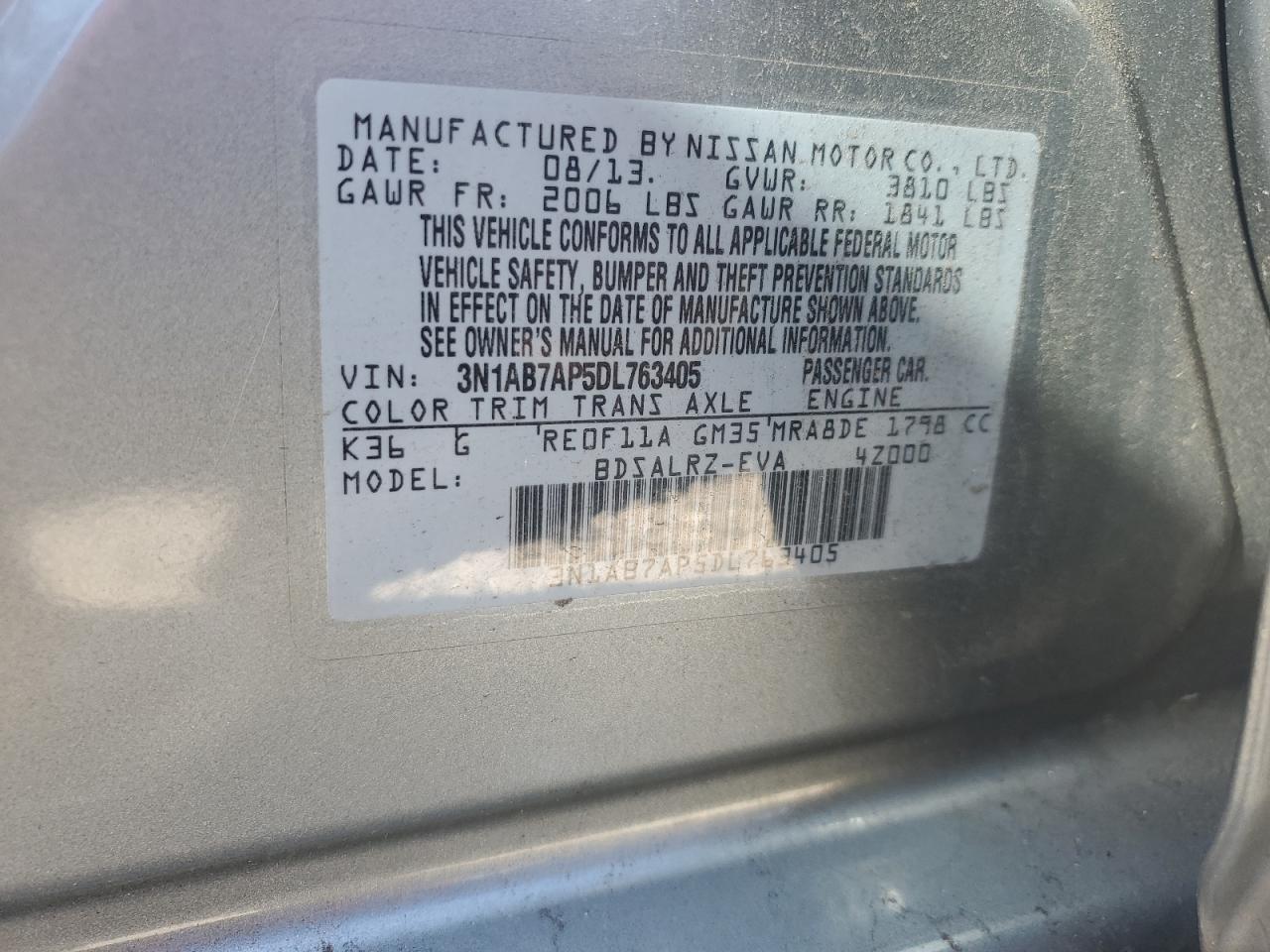 2013 Nissan Sentra VIN 3N1AB7AP5DL763405 Copart auction photo, all over damage thumbnail 13