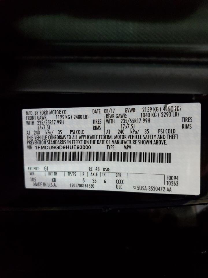 2017 Ford Escape VIN 1FMCU9GD9HUE93000 Copart auction photo, side damage thumbnail 13