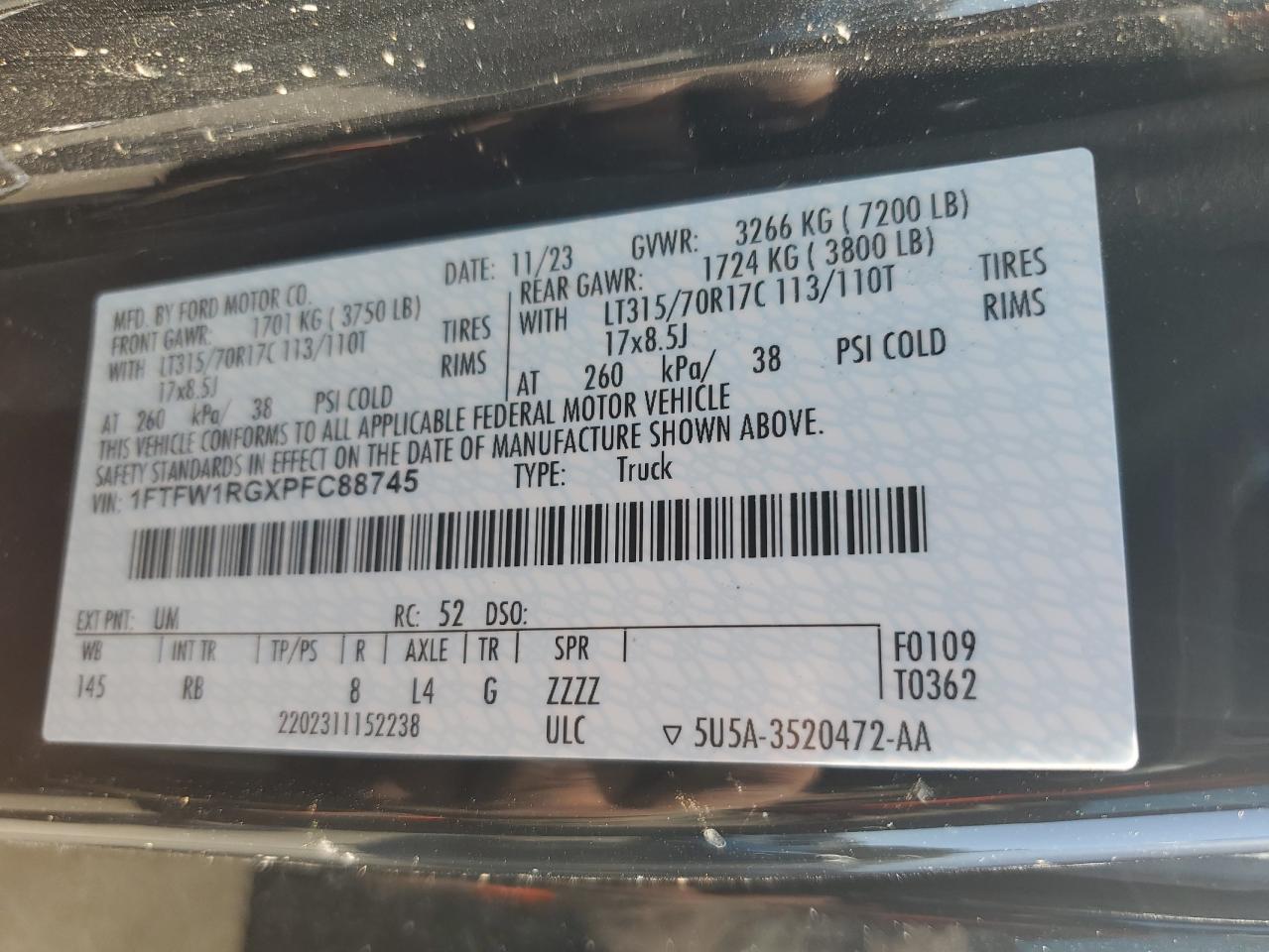 2023 Ford F-150 VIN 1FTFW1RGXPFC88745 Copart auction photo, front end damage thumbnail 12