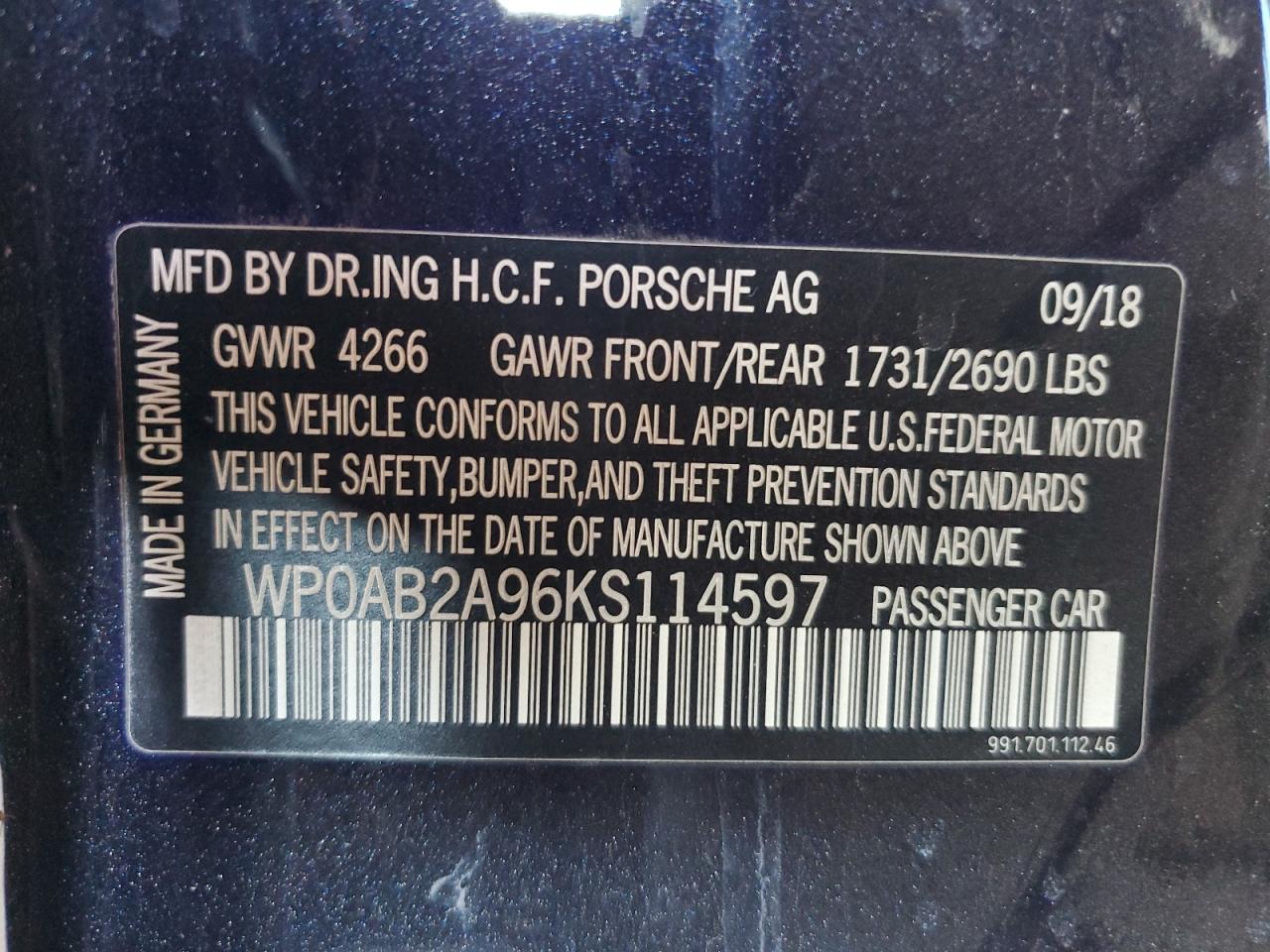 2019 Porsche 911 VIN WP0AB2A96KS114597 Copart auction photo, rear end damage thumbnail 14