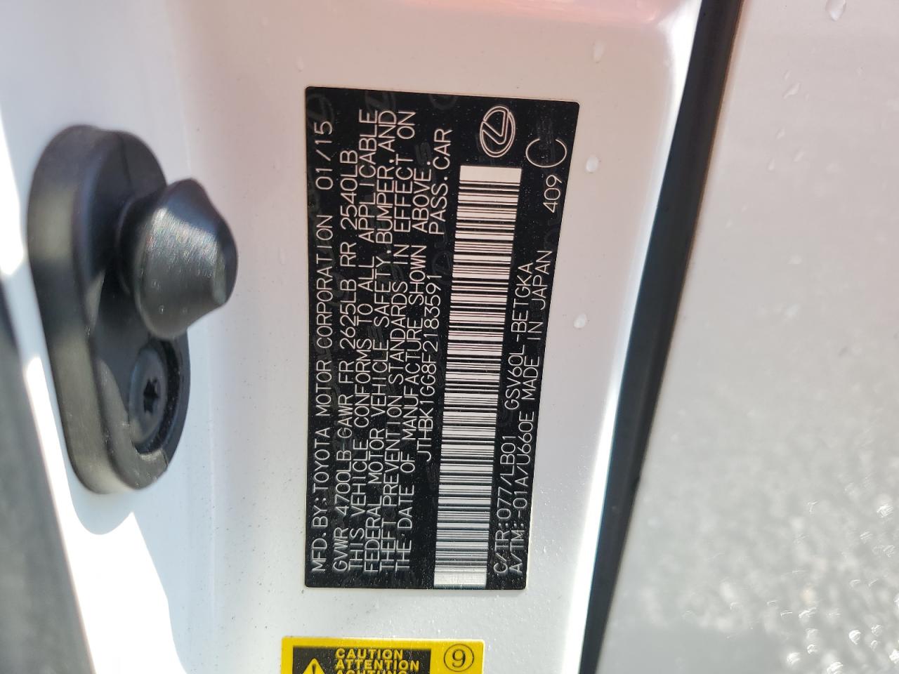 2015 Lexus ES VIN JTHBK1GG8F2183591 Copart auction photo, front end / side damage thumbnail 13