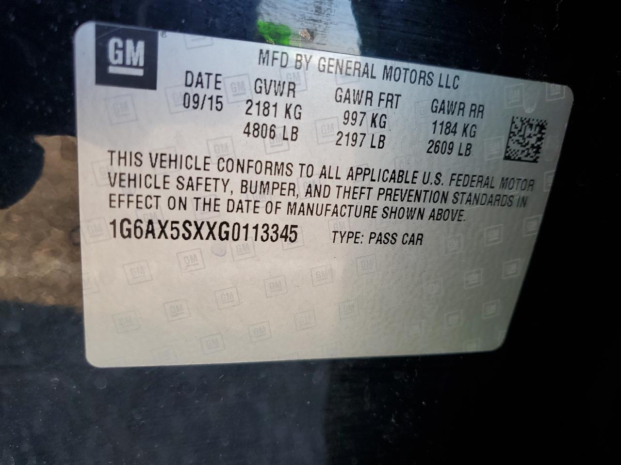 2016 Cadillac CTS VIN 1G6AX5SXXG0113345 Copart auction photo, front end / rear end damage thumbnail 14