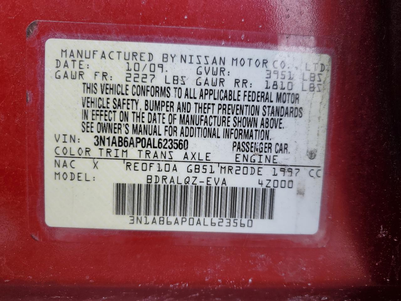 2010 Nissan Sentra VIN 3N1AB6AP0AL623560 Copart auction photo, side damage thumbnail 14