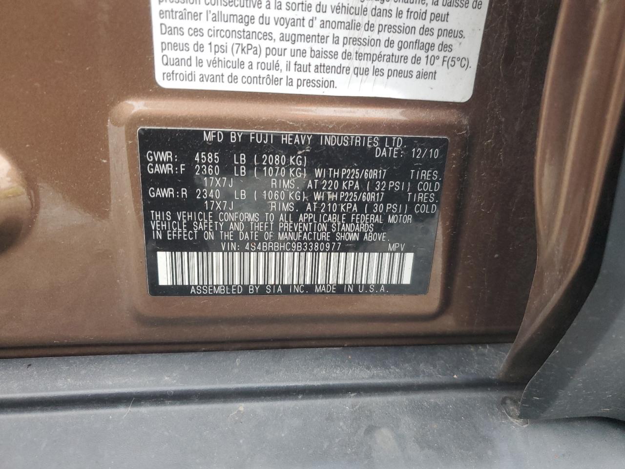 2011 Subaru Outback VIN 4S4BRBHC9B3380977 Copart auction photo, rear end / undercarriage damage thumbnail 13