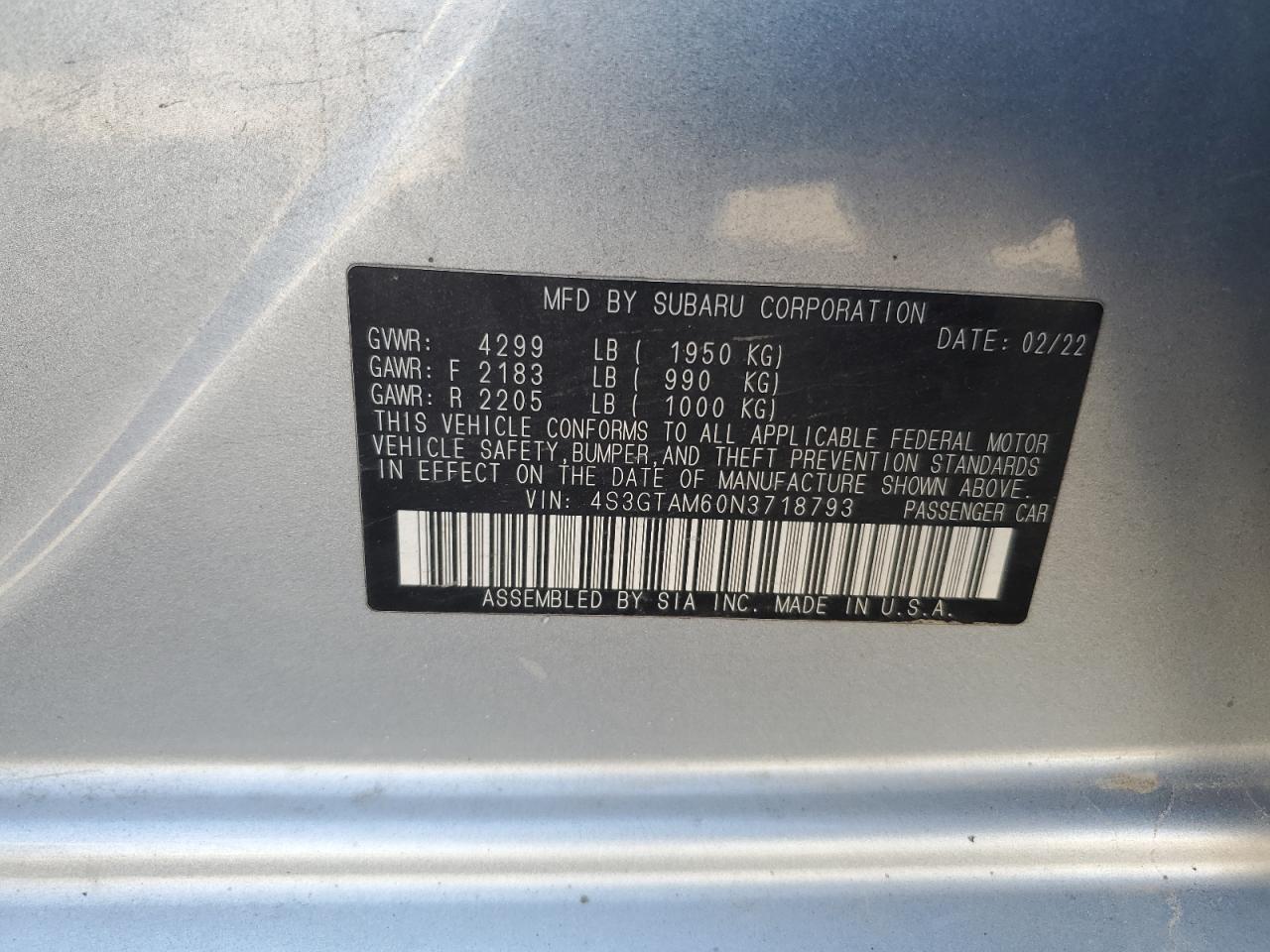 2022 Subaru Impreza VIN 4S3GTAM60N3718793 Copart auction photo, front end / side damage thumbnail 14