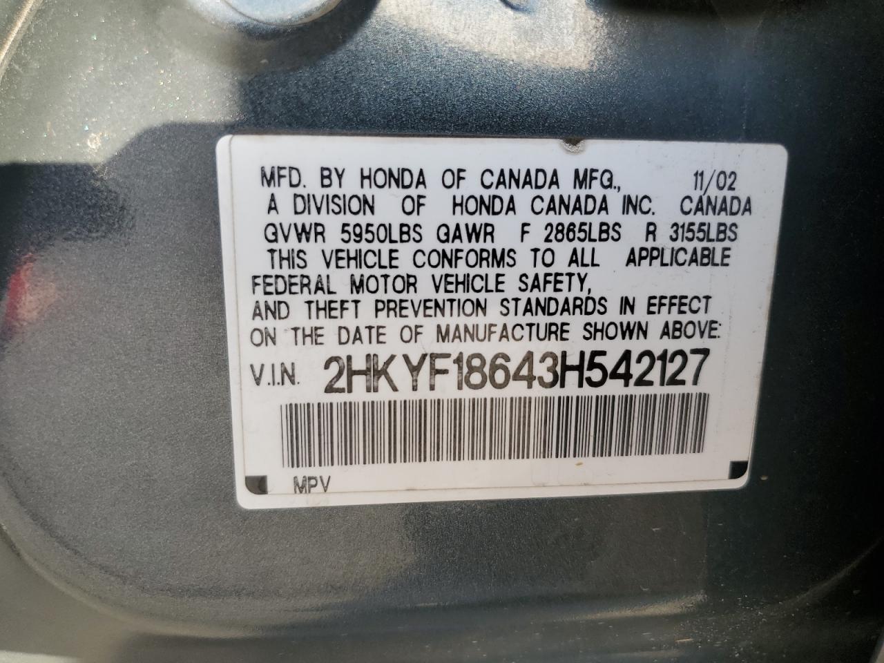 2003 Honda Pilot VIN 2HKYF18643H542127 Copart auction photo, front end / minor dent/scratches damage thumbnail 16