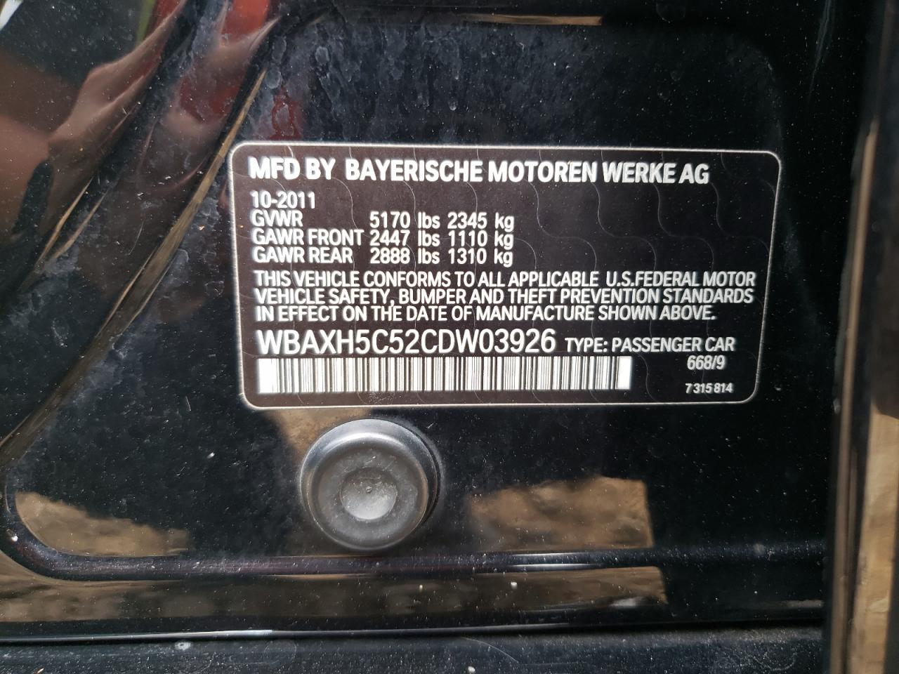 2012 BMW 5er VIN WBAXH5C52CDW03926 Copart auction photo, front end / mechanical damage thumbnail 14