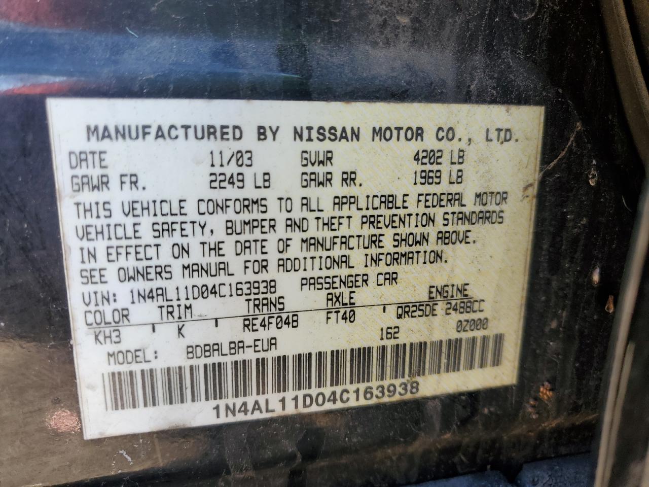 2004 Nissan Altima VIN 1N4AL11D04C163938 Copart auction photo, front end / minor dent/scratches damage thumbnail 12