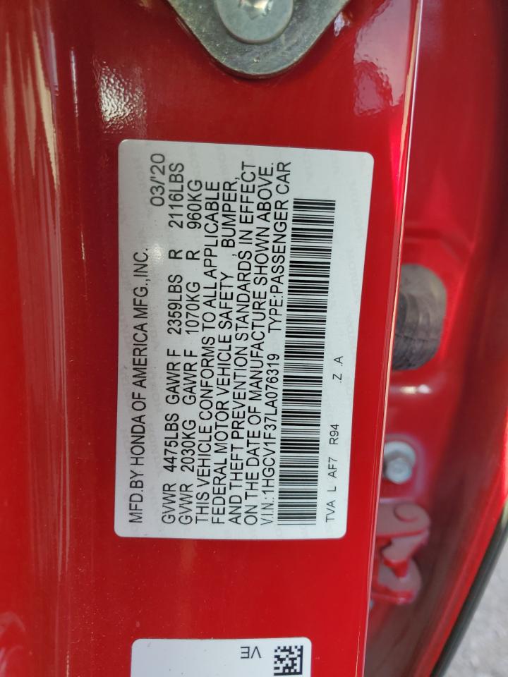 2020 Honda Accord VIN 1HGCV1F37LA076319 Copart auction photo, front end damage thumbnail 12