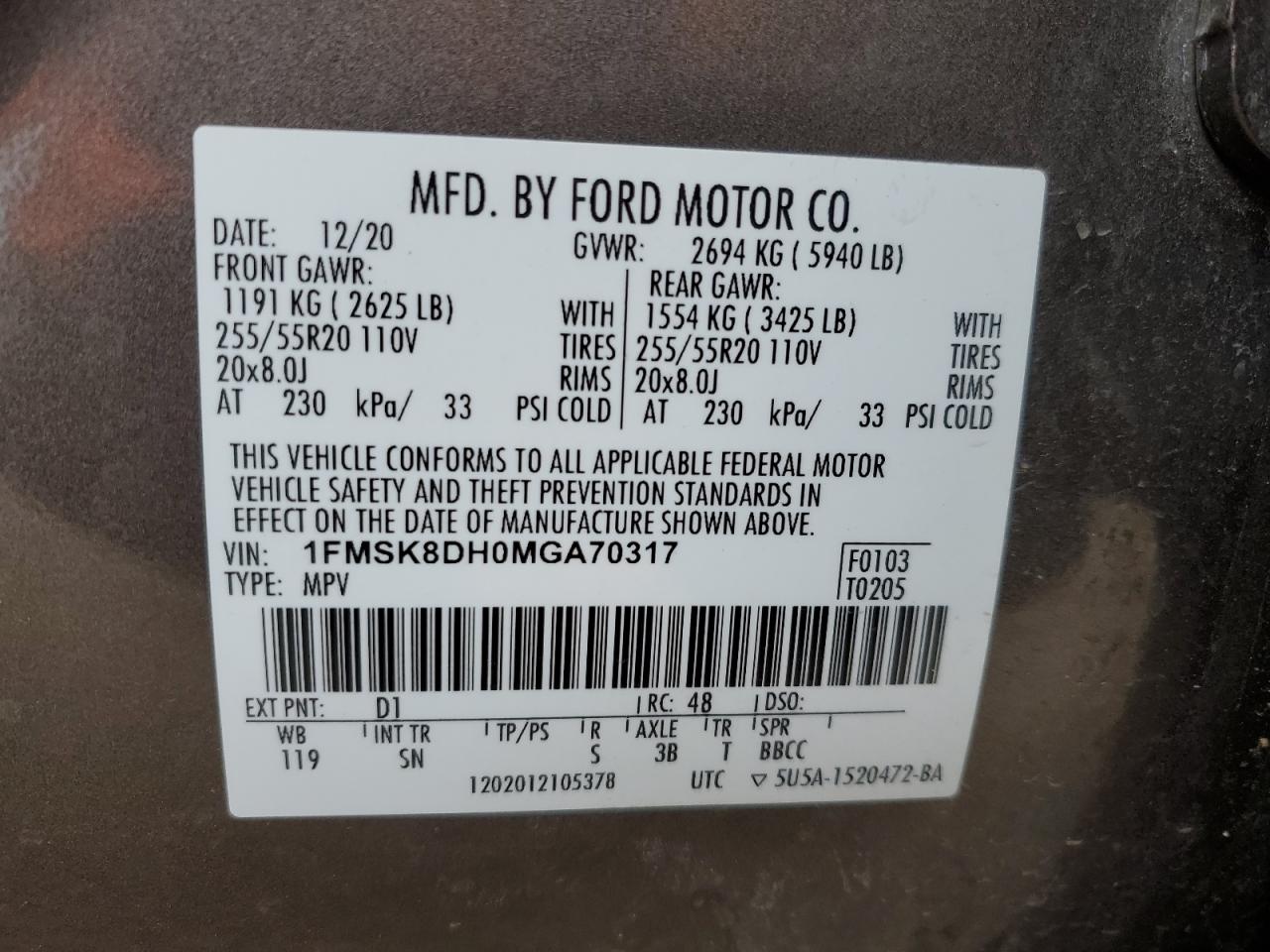 2021 Ford Explorer VIN 1FMSK8DH0MGA70317 Copart auction photo, side / minor dent/scratches damage thumbnail 16