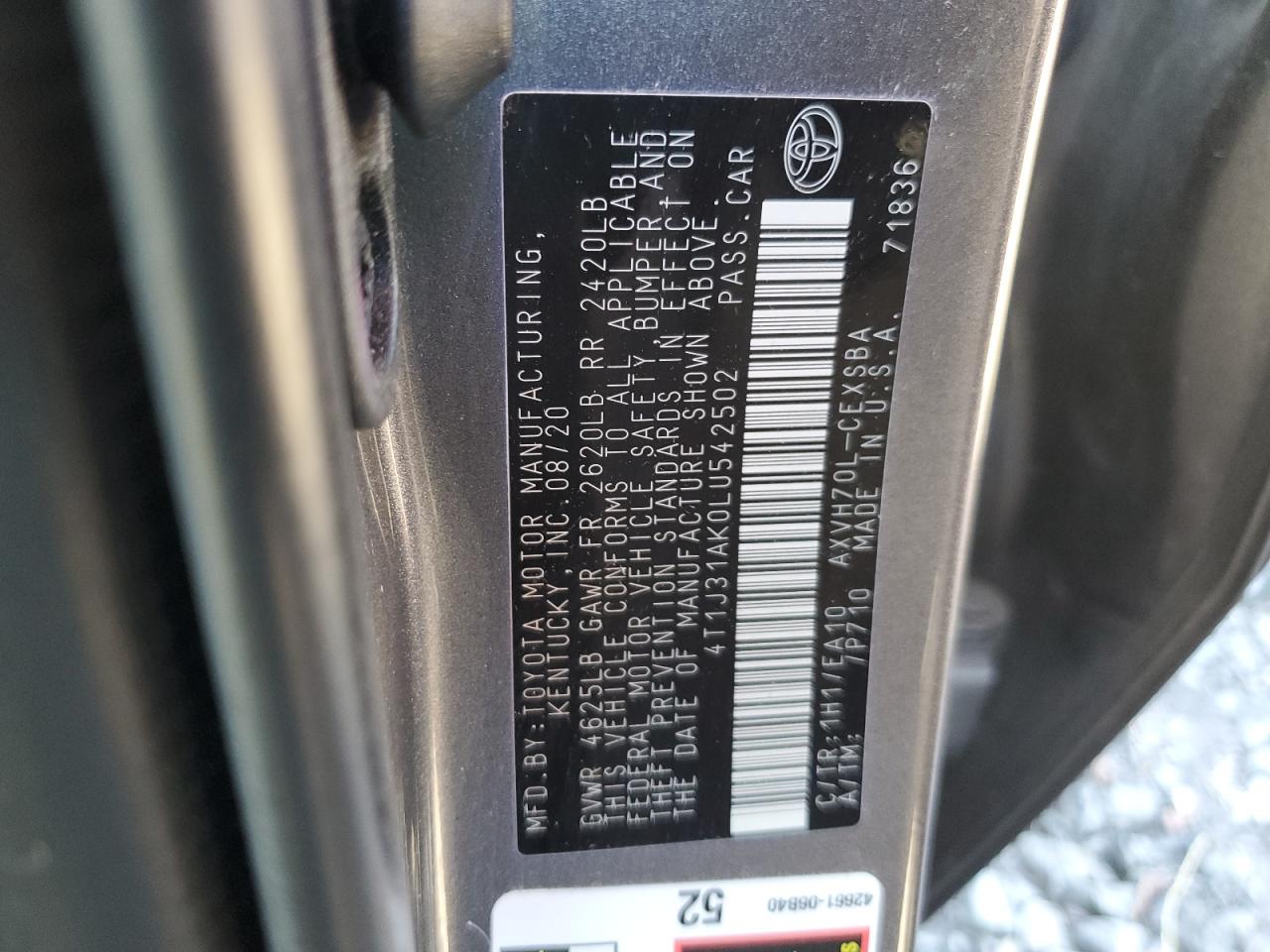2020 Toyota Camry VIN 4T1J31AK0LU542502 Copart auction photo, front end damage thumbnail 13