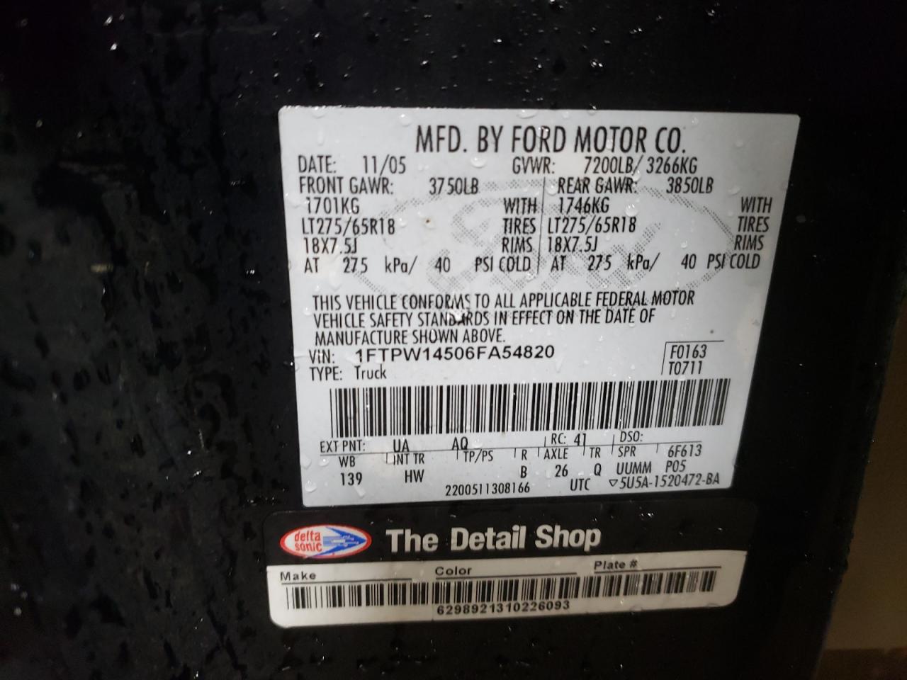2006 Ford F-150 VIN 1FTPW14506FA54820 Copart auction photo, rear end damage thumbnail 12