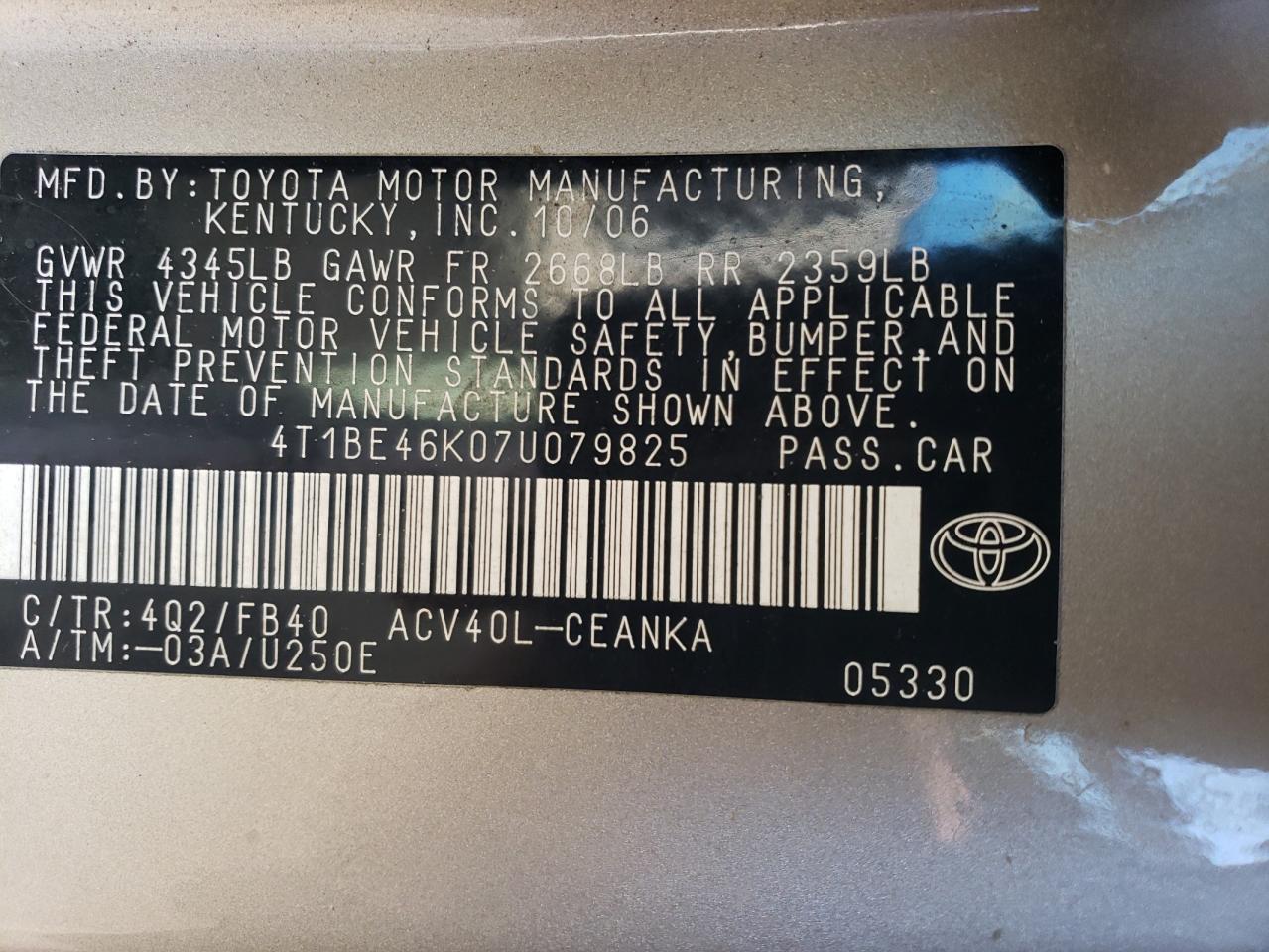 2007 Toyota Camry VIN 4T1BE46K07U079825 Copart auction photo, front end / rear end damage thumbnail 14