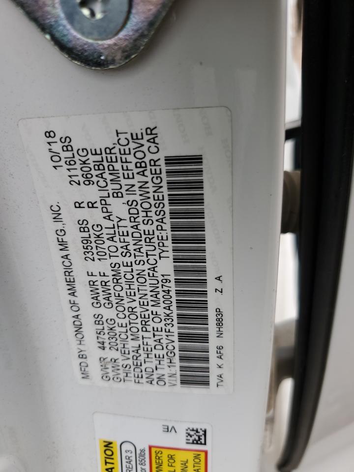 2019 Honda Accord VIN 1HGCV1F33KA004791 Copart auction photo, all over damage thumbnail 12