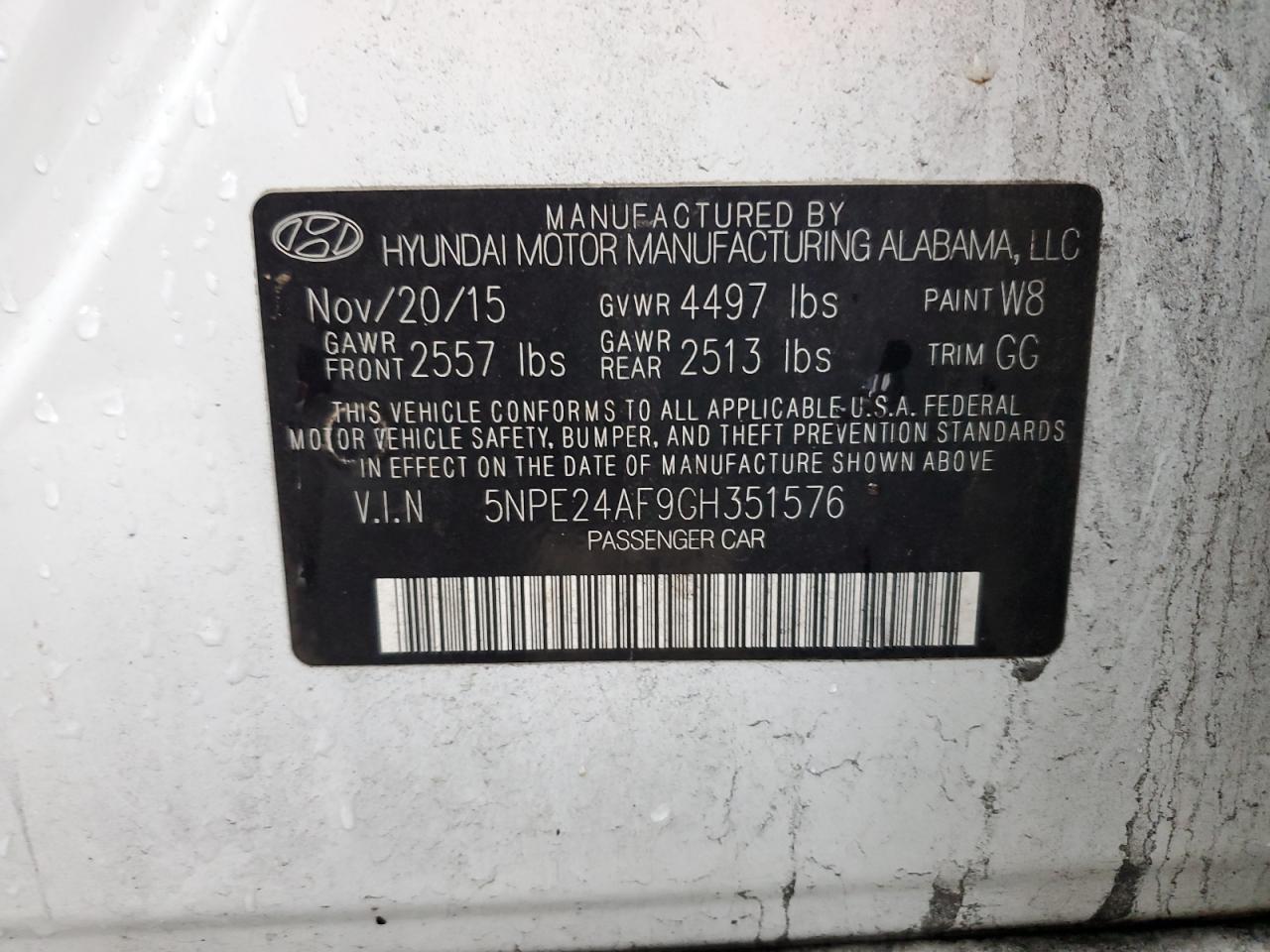 2016 Hyundai Sonata VIN 5NPE24AF9GH351576 Copart auction photo, rear end / front end damage thumbnail 14