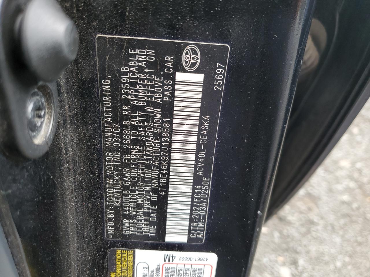 2007 Toyota Camry VIN 4T1BE46K97U138581 Copart auction photo, front end / side damage thumbnail 13