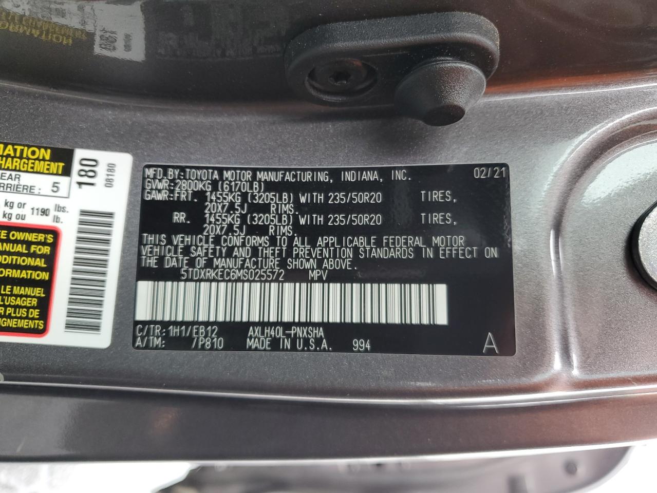 2021 Toyota Sienna VIN 5TDXRKEC6MS025572 Copart auction photo, front end damage thumbnail 13