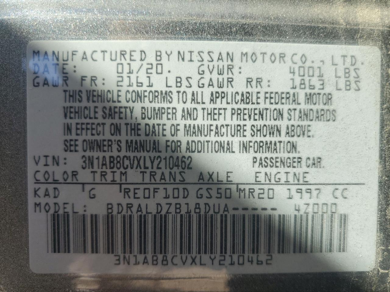 2020 Nissan Sentra VIN 3N1AB8CVXLY210462 Copart auction photo, all over / mechanical damage thumbnail 12