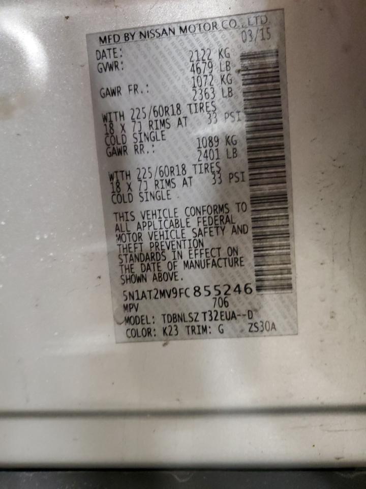 2015 Nissan Rogue VIN 5N1AT2MV9FC855246 Copart auction photo, rear end damage thumbnail 12