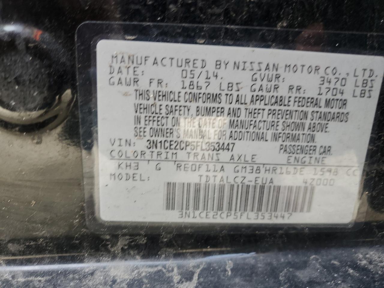 2015 Nissan Versa VIN 3N1CE2CP5FL353447 Copart auction photo, mechanical / all over damage thumbnail 12