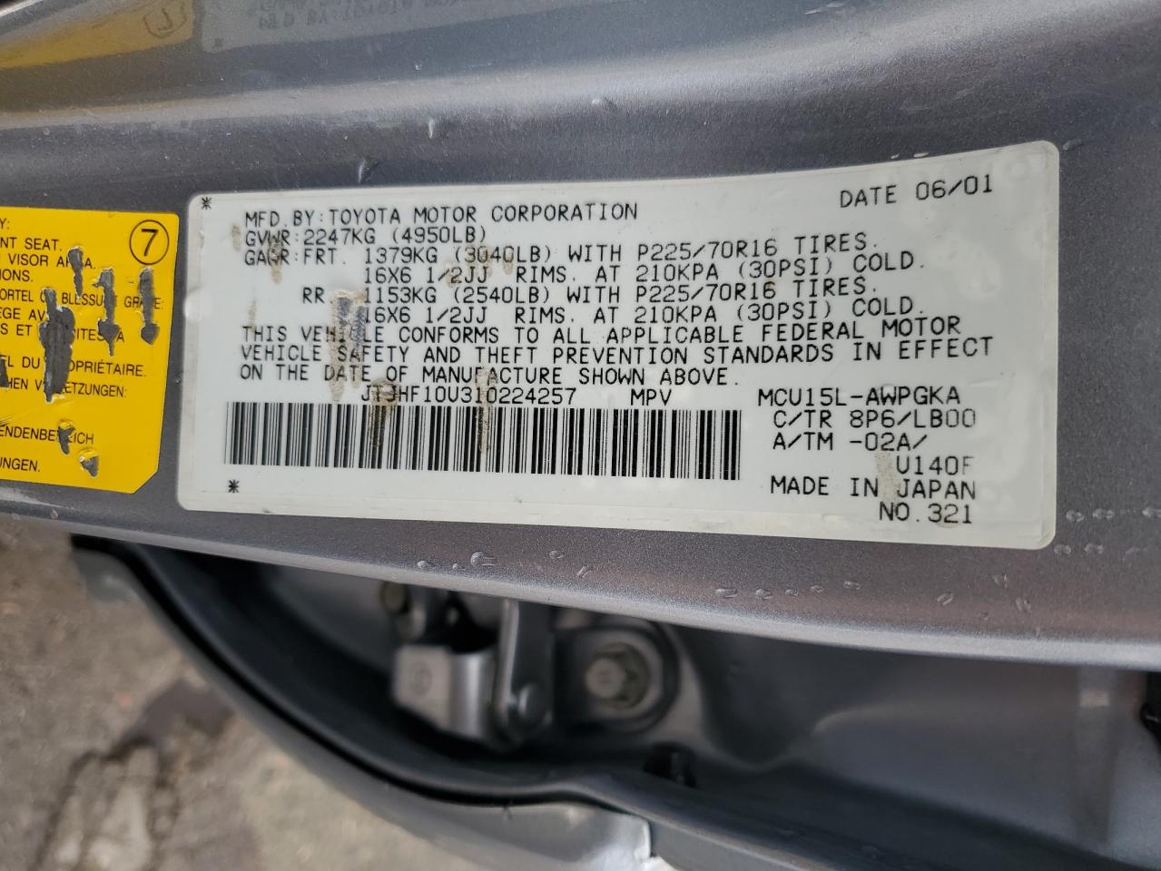 2001 Lexus RX VIN JTJHF10U310224257 Copart auction photo, rear end / hail damage thumbnail 13