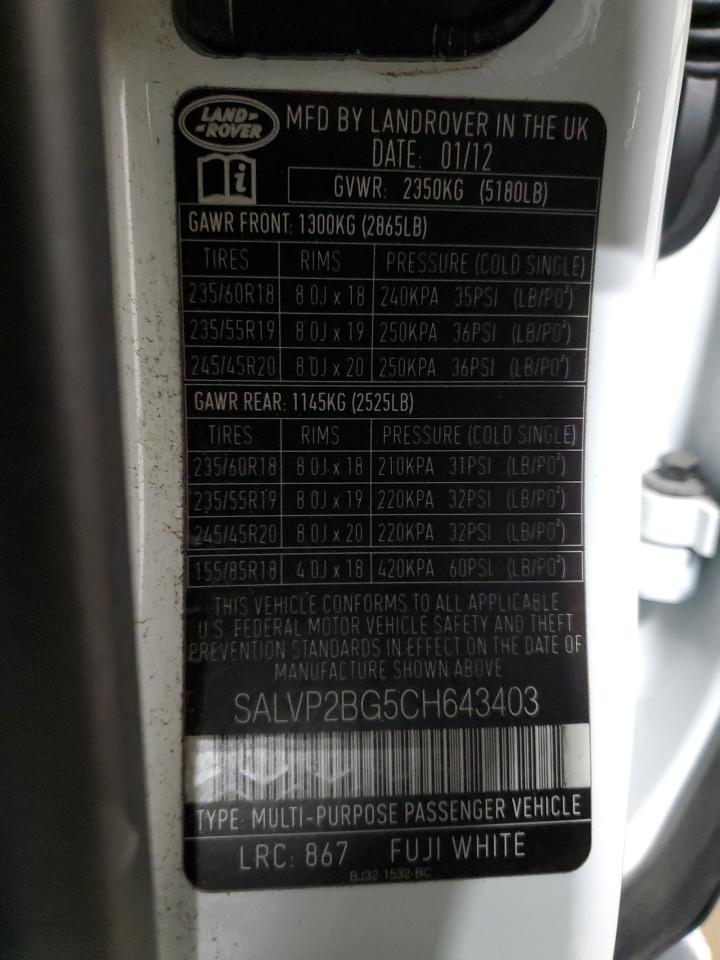 2012 Land Rover Range Rover VIN SALVP2BG5CH643403 Copart auction photo, minor dent/scratches damage thumbnail 13