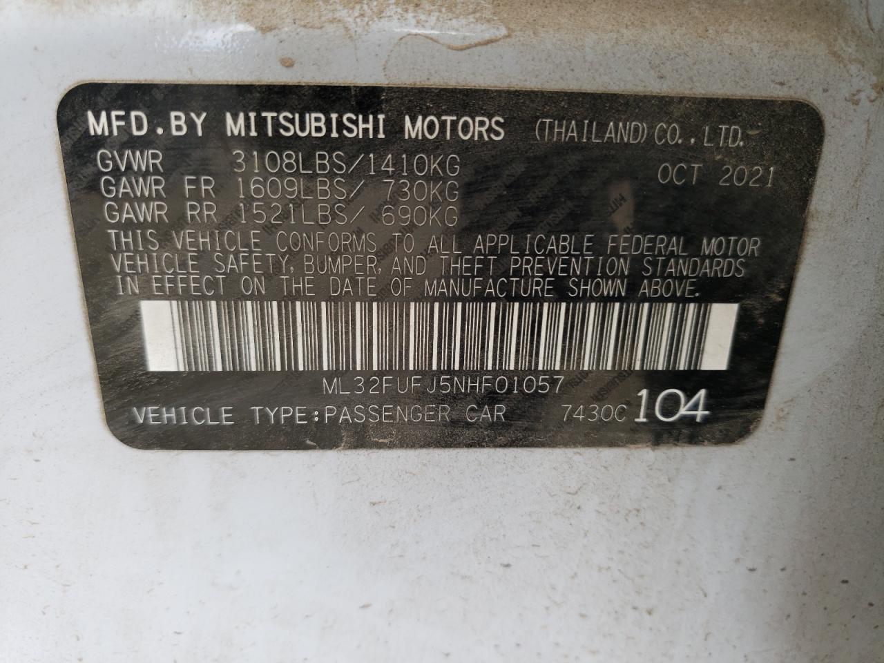 2022 Mitsubishi Mirage VIN ML32FUFJ5NHF01057 Copart auction photo, all over damage thumbnail 10