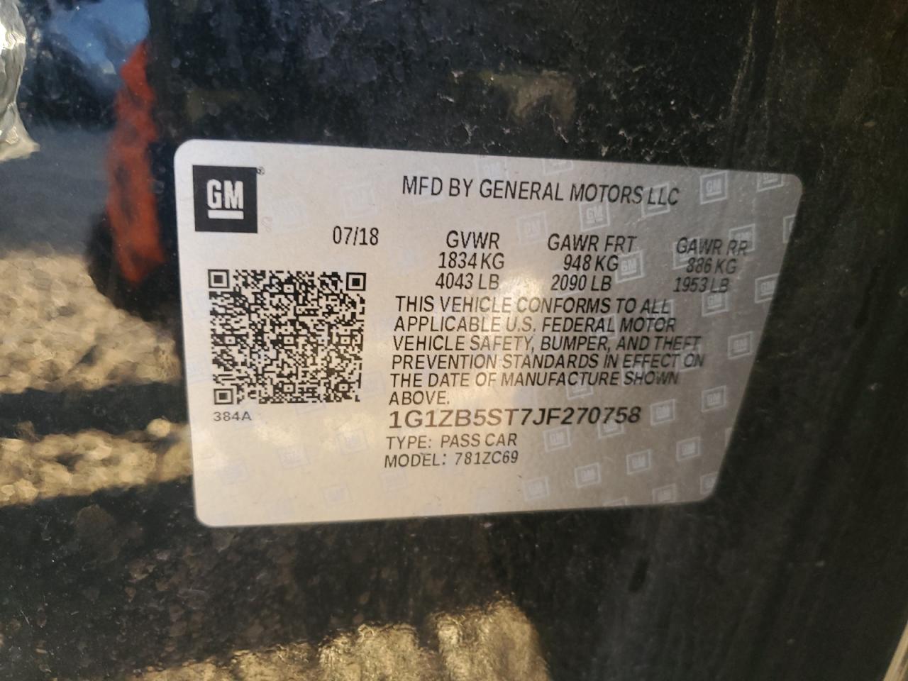 2018 Chevrolet Malibu VIN 1G1ZB5ST7JF270758 Copart auction photo, front end damage thumbnail 12