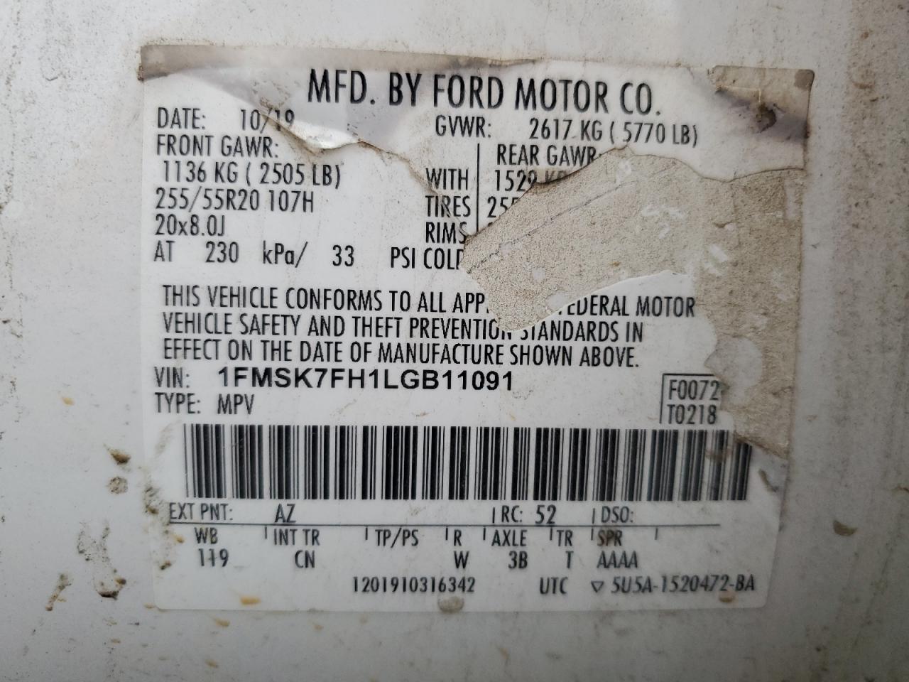2020 Ford Explorer VIN 1FMSK7FH1LGB11091 Copart auction photo, front end / minor dent/scratches damage thumbnail 16